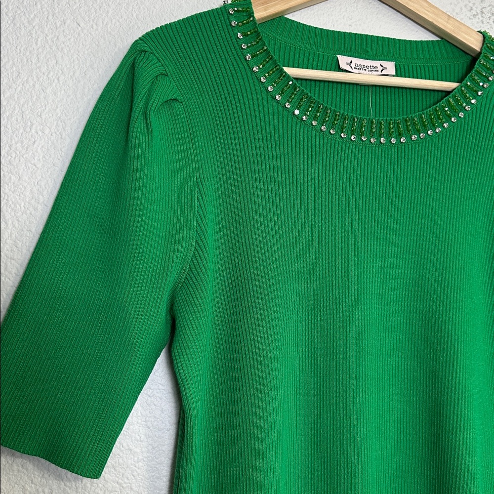 NEW Nanette Lepore Green Ribbed Sweater Rhinestone‎ Collar Top Womens XL - Picture 3 of 12